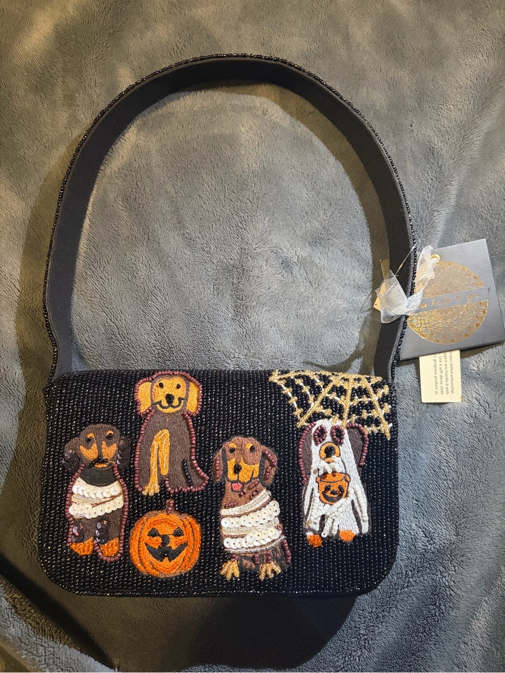 Beaded Halloween Dog Patch Shoulder Bag - Black
